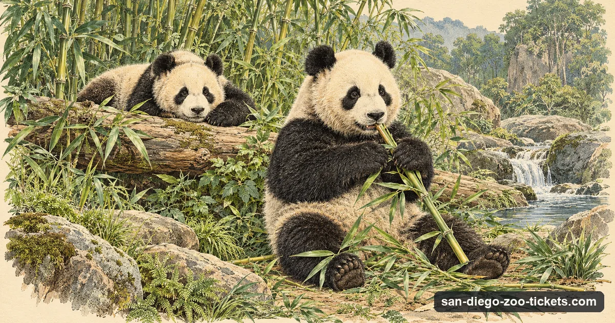 A naturalist-plate style picture of two young giant pandas in a bamboo habitat, one chewing a stalk, the other resting on a log