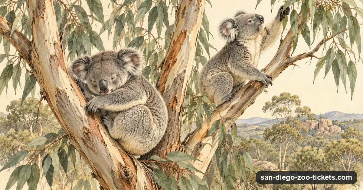 A naturalist-plate style picture of a koala dozing in a eucalyptus fork while another reaches for leaves above
