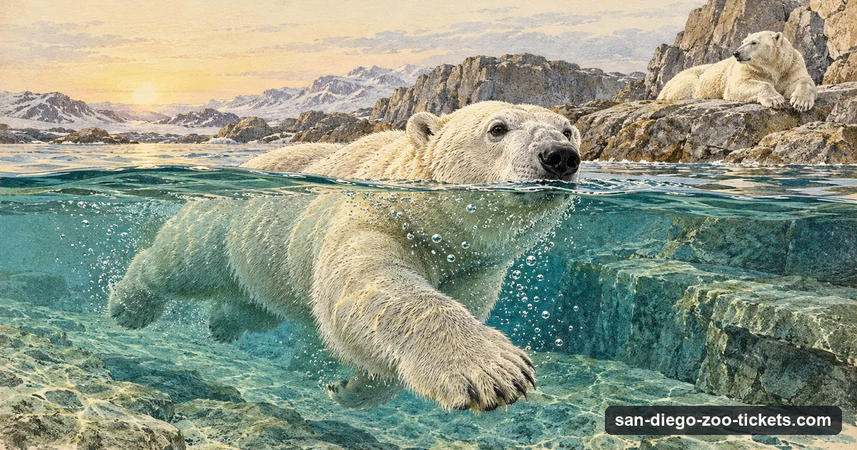 A naturalist-plate style picture of a polar bear swimming in clear morning water with another resting on the rocks above