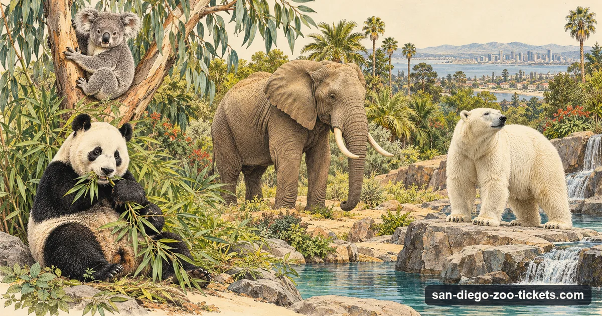 A naturalist-plate style picture of a giant panda, a koala, an African elephant and a polar bear among palms and eucalyptus