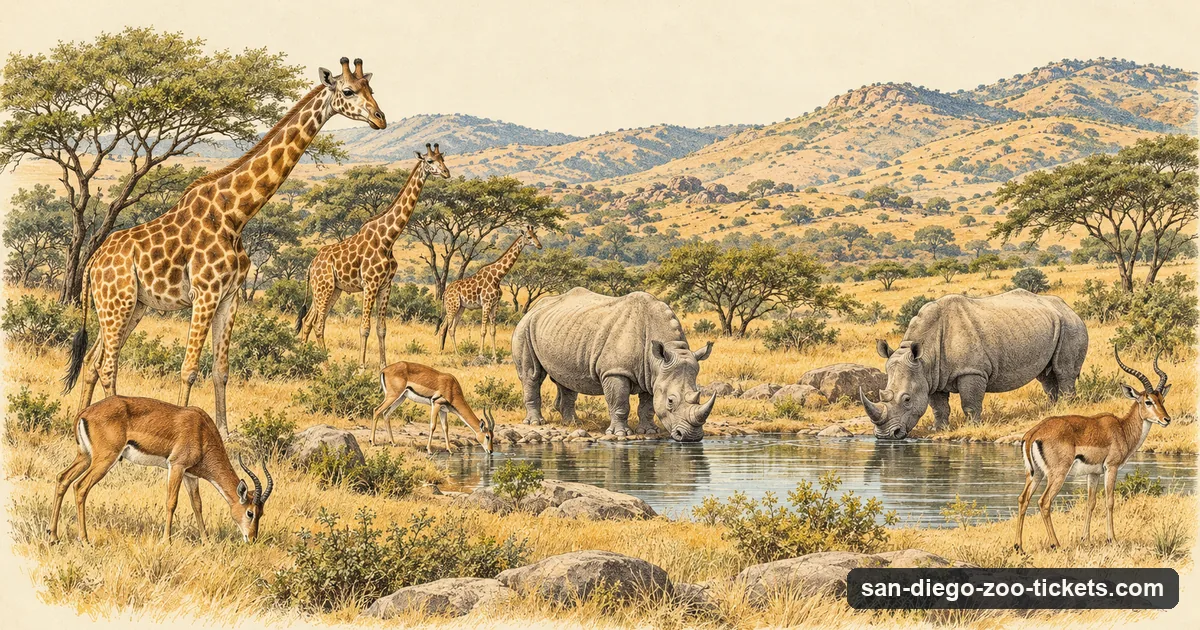 A naturalist-plate style picture of giraffes, white rhinos and antelope grazing together around a waterhole on open savanna