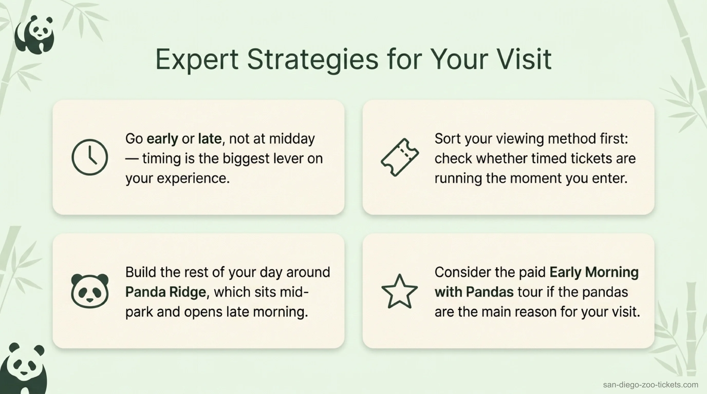 Tips for visiting the San Diego Zoo pandas — go early or late, sort your viewing method on arrival, build your day around mid-park Panda Ridge, and consider the paid early tour